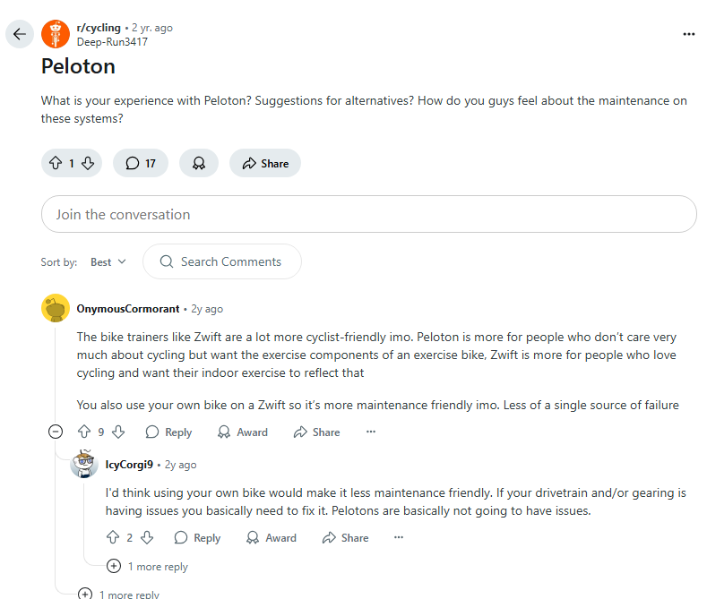 Peloton cycling subreddit post